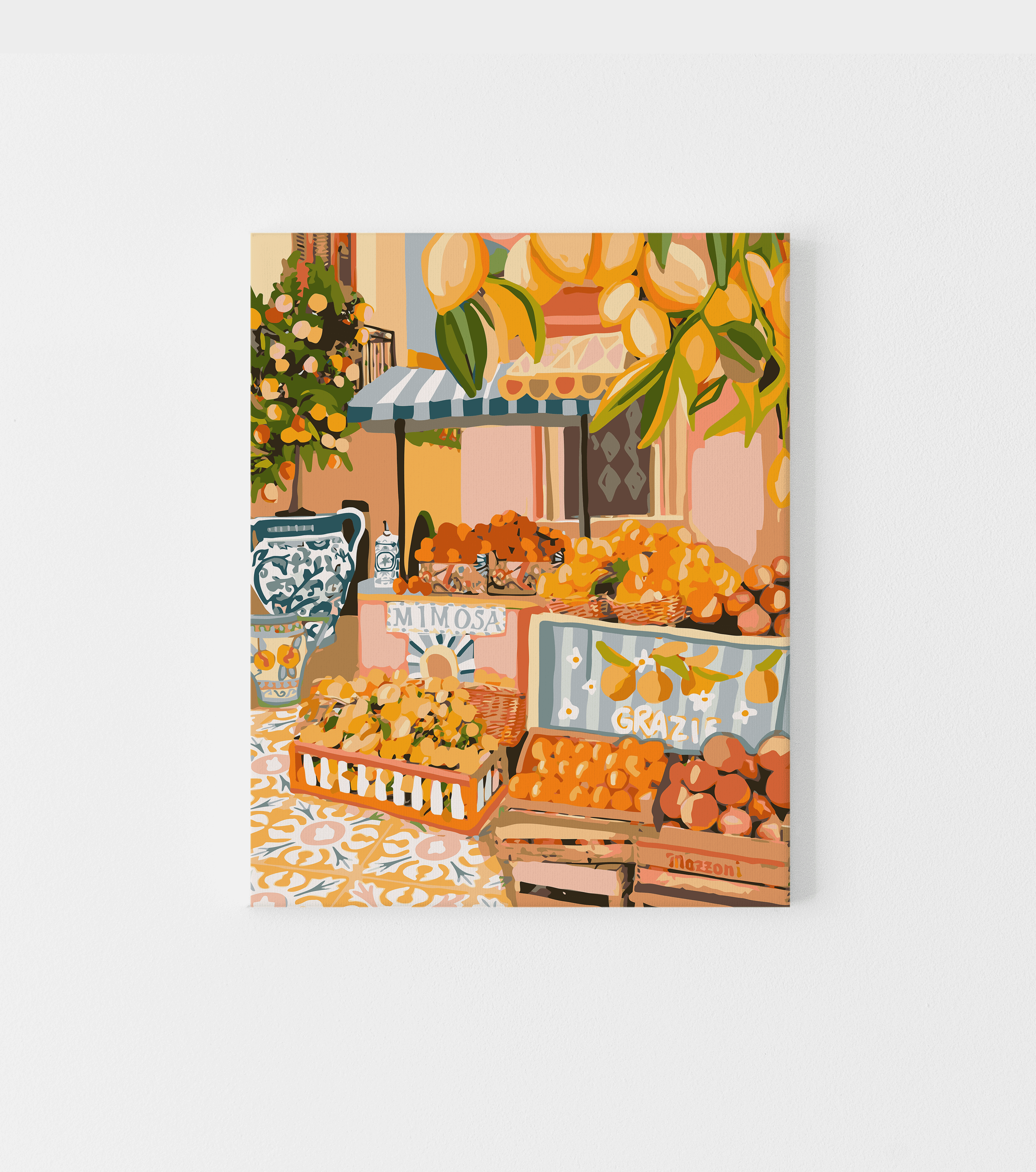 Paint by numbers kit featuring vibrant Italian market scene with lemons and colorful stalls on canvas