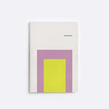 Frame A5 Softcover Notebook with purple and yellow geometric design on white cover, portable and stylish for work or school.