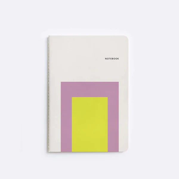 Frame A5 Softcover Notebook with purple and yellow geometric design on white cover, portable and stylish for work or school.