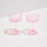 Set of 2 pink coupe glasses with elongated stems and rippled edges for cocktails or desserts