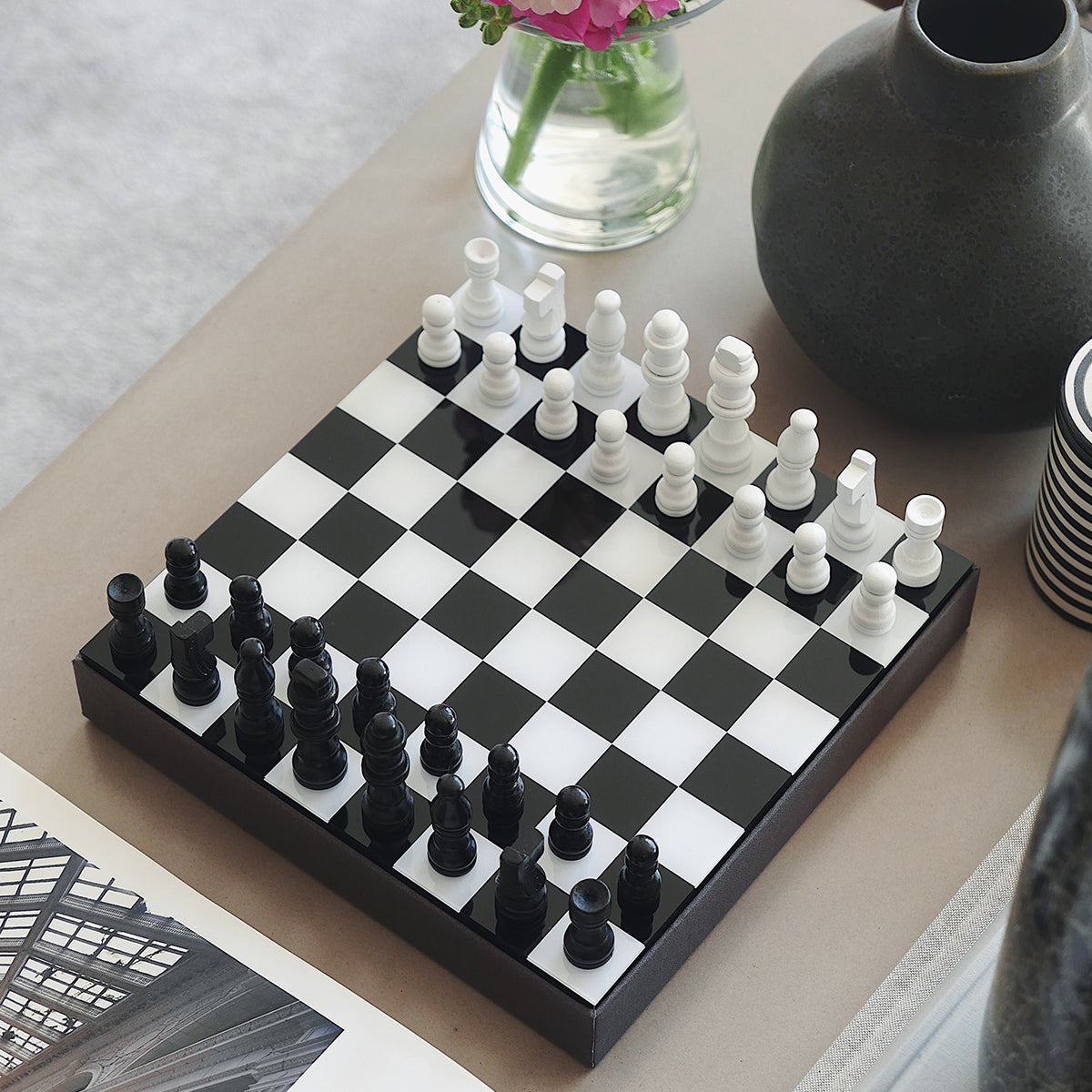 black chess set sitting on table