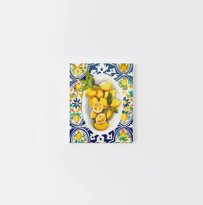 Mini Paint By Numbers kit featuring Amalfi lemons on Italian-style tiles for beginner artists