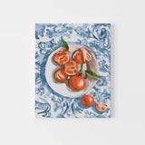 Paint by Numbers kit featuring a detailed painting of mandarins on a plate with a blue patterned background