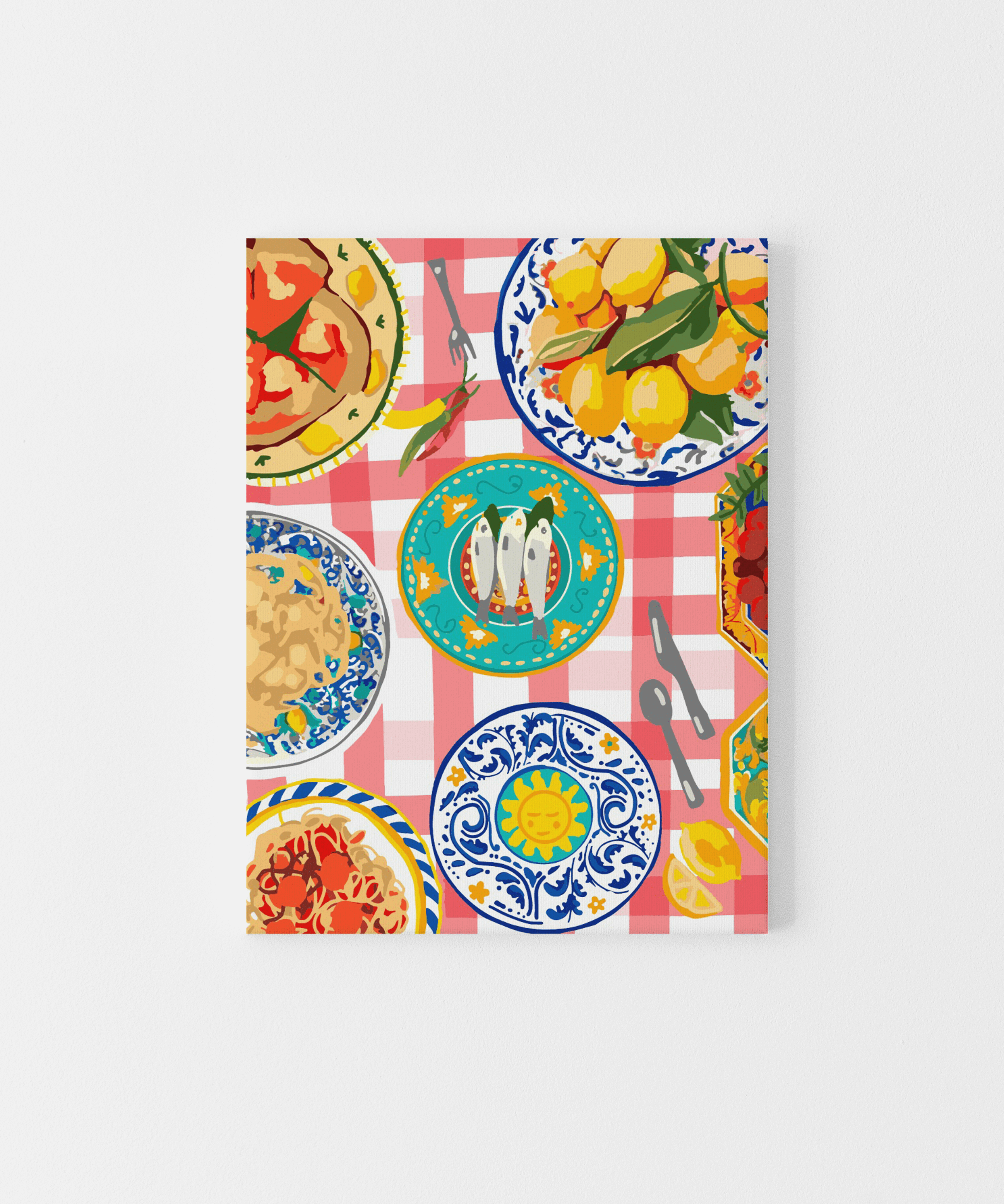 Paint by numbers kit featuring a colorful Italian-inspired table setting with plates of food on a red checkered tablecloth