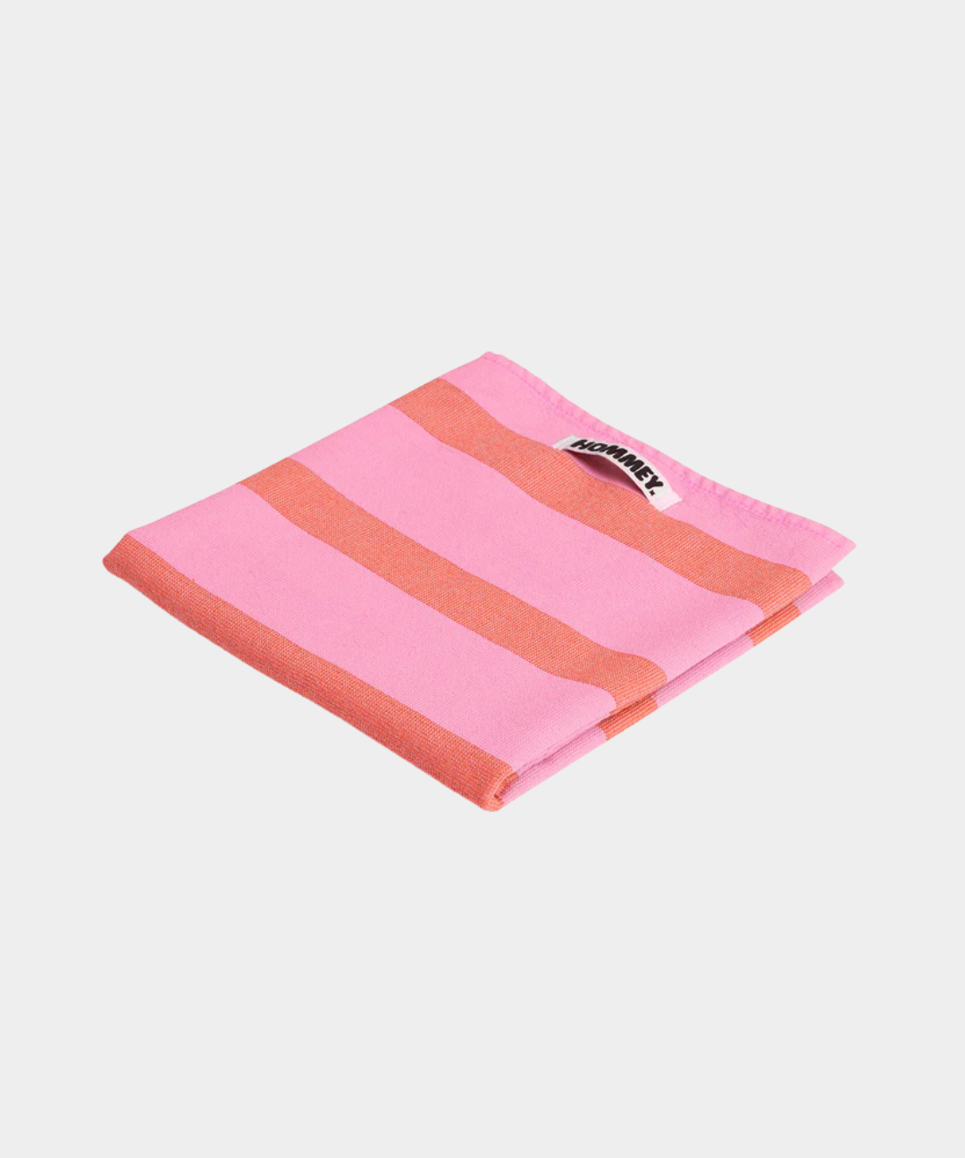 Pink and orange striped Sherbet Stripes cotton tea towel folded with Hommey label