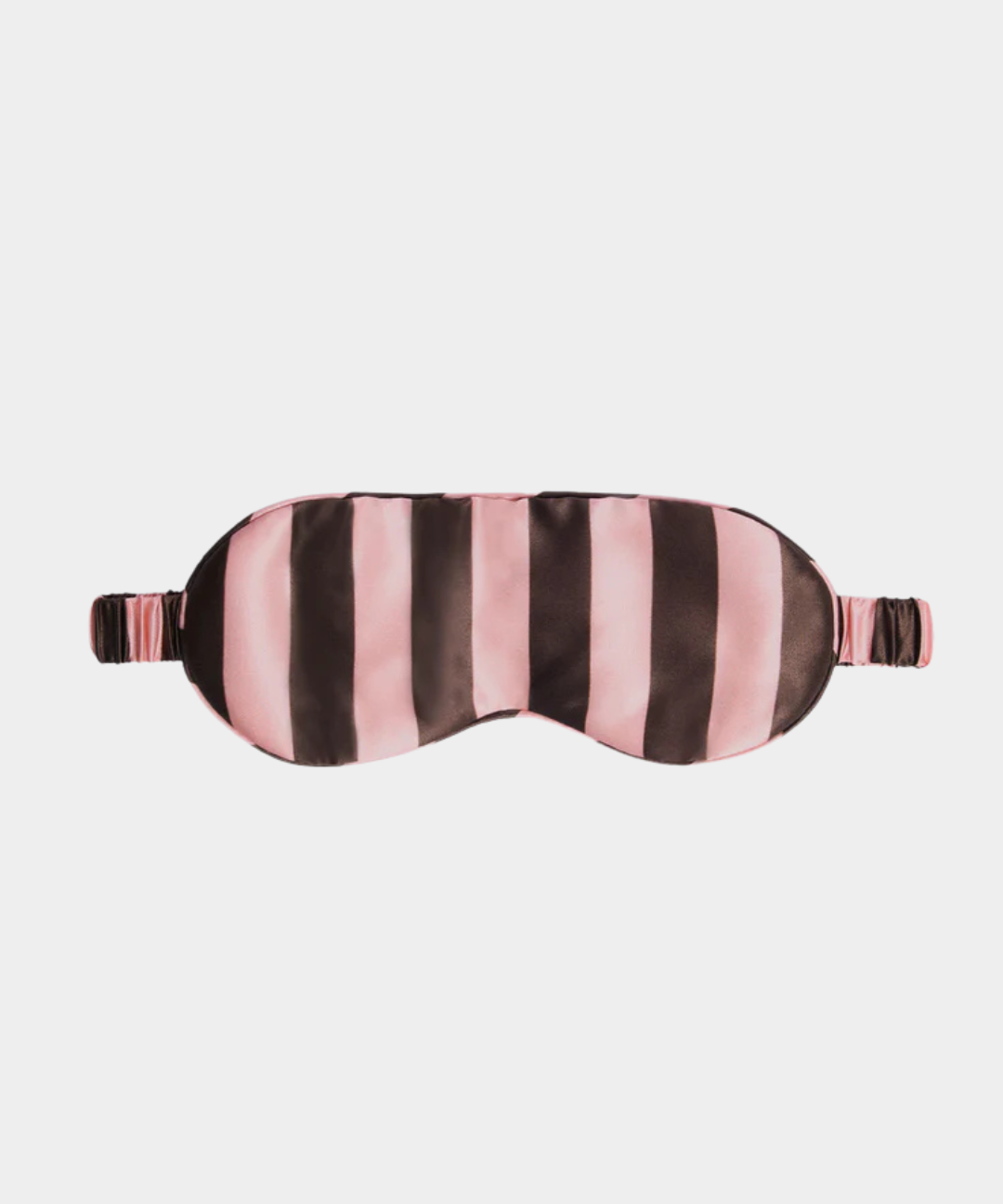 Silk eyemask with pink and brown rocky road stripes, cushioned and elasticated for comfortable blackout sleep.