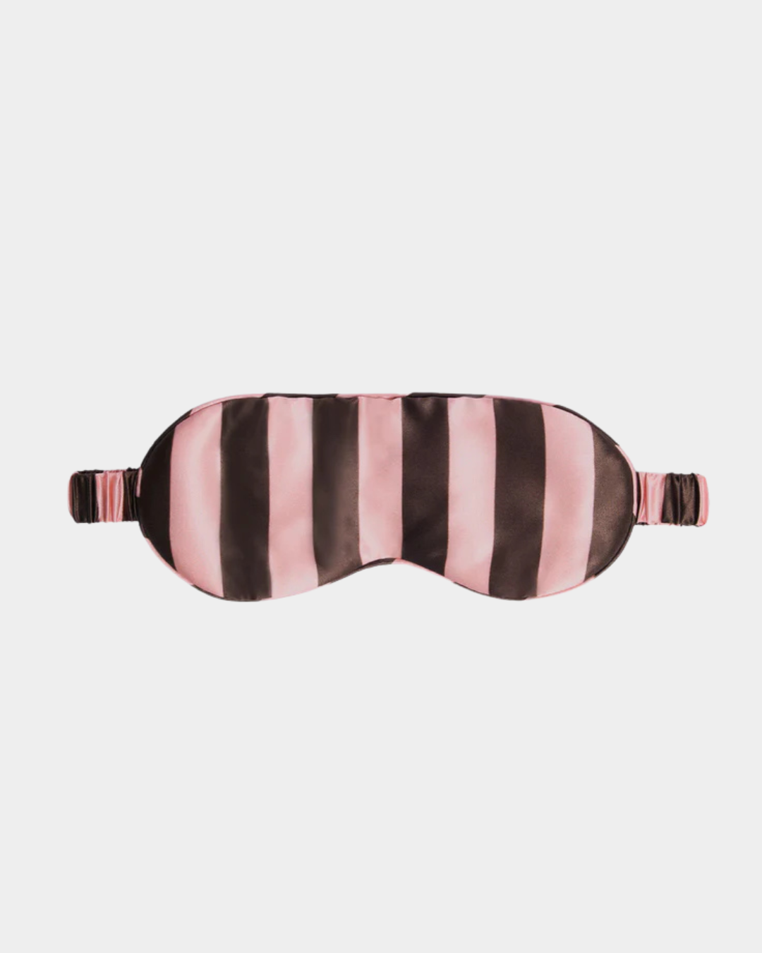Silk eyemask with pink and brown rocky road stripes, cushioned and elasticated for comfortable blackout sleep.