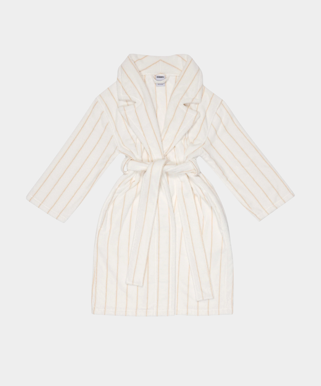 Biscuit bath robe with beige stripes, notched lapel, and large belt in 100% cotton for unisex comfort and style.