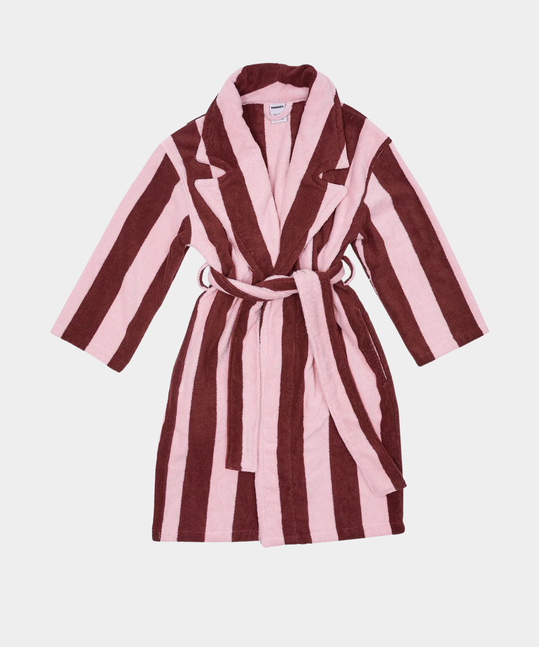 Unisex Rocky Road Stripes cotton robe with large belt and notched lapel, pink and brown striped design.