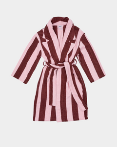 Unisex Rocky Road Stripes cotton robe with large belt and notched lapel, pink and brown striped design.