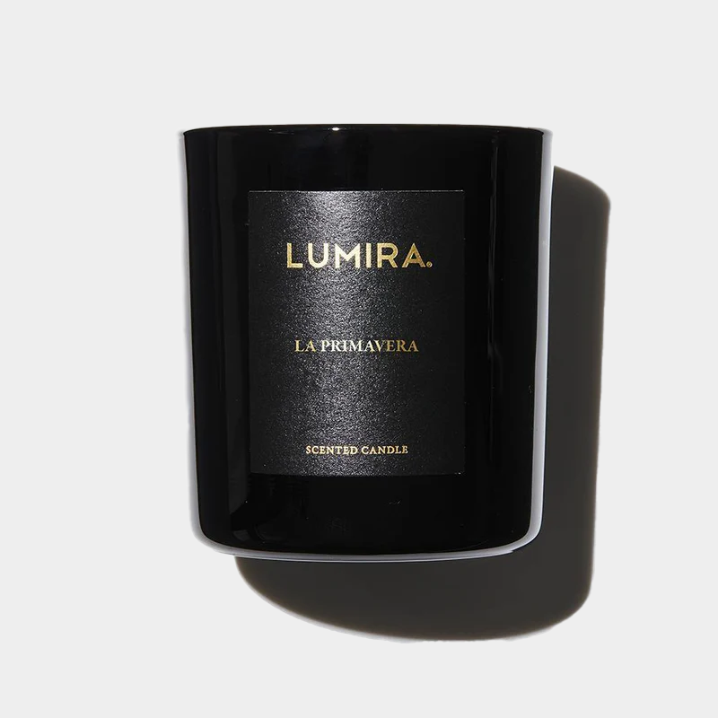 Luxury La Primavera scented candle by LUMIRA in sleek black container with gold lettering