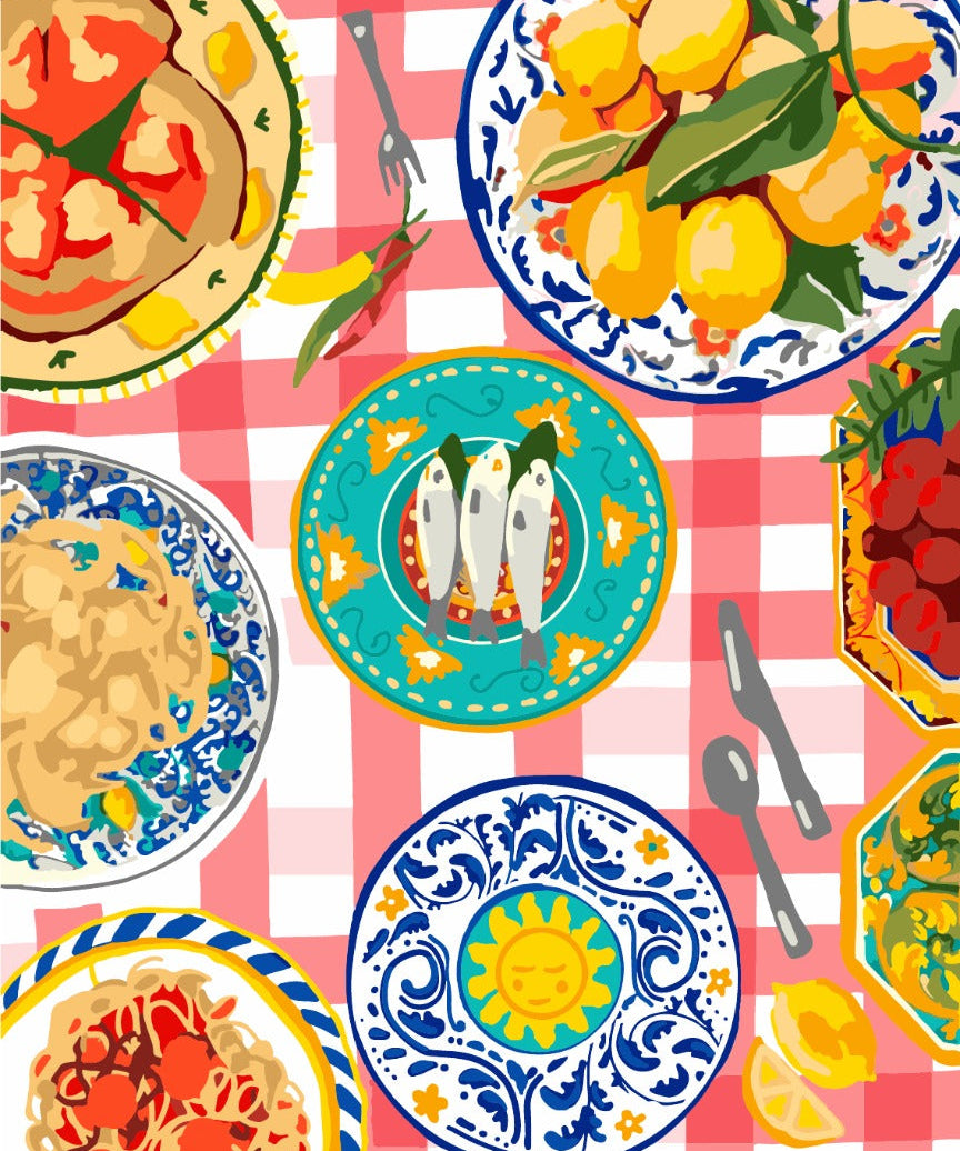 artwork of a table with a lot of food on it
