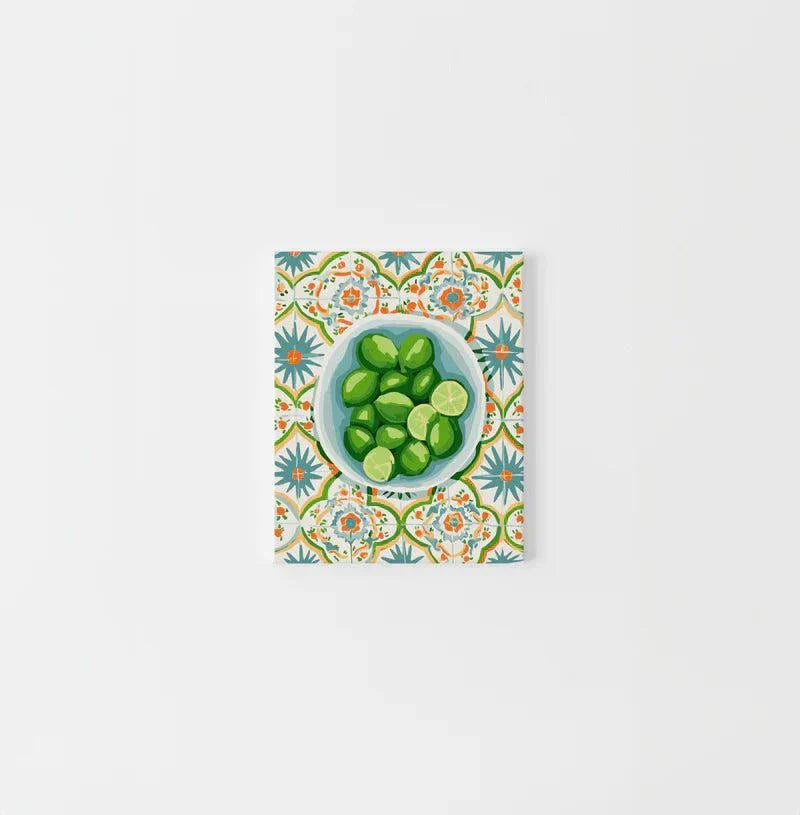 Mini Paint By Numbers kit featuring vibrant soda lime and Italian tile design on pre-printed canvas.