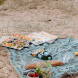 paint by numbers kit sitting on a picnic blanket on a beach