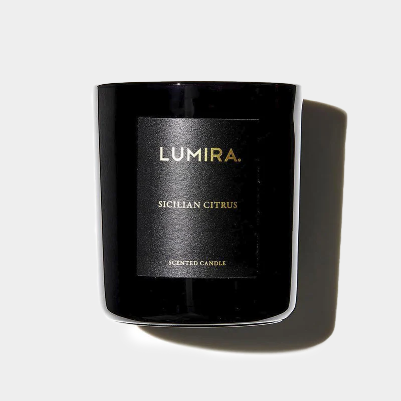 Black Lumira Sicilian Citrus scented candle with gold lettering and minimalist design
