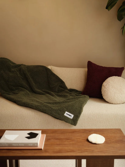 green throw blanket on couch