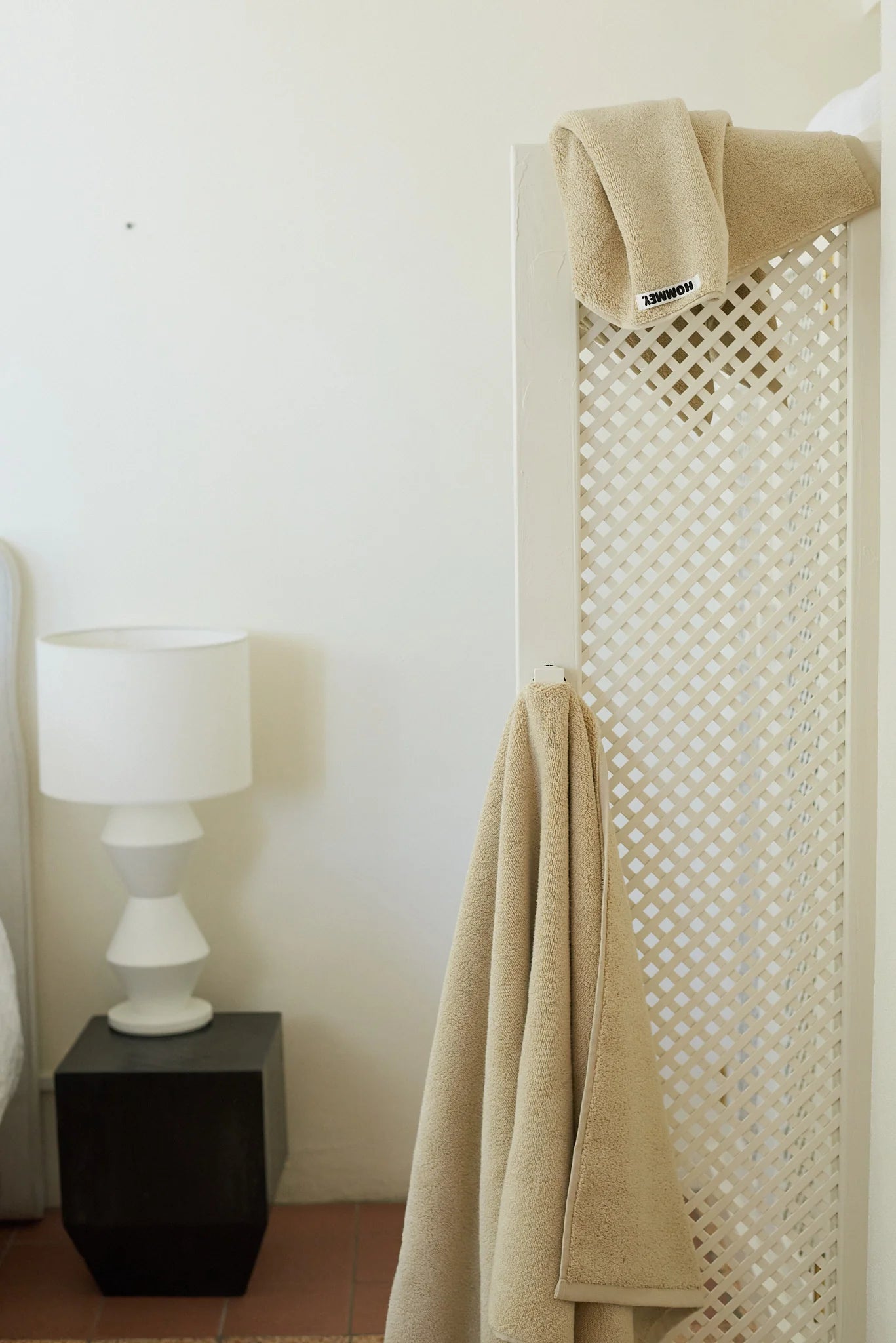 beige towel hanging up