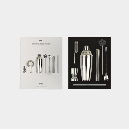 opened box of cocktail set items on white background