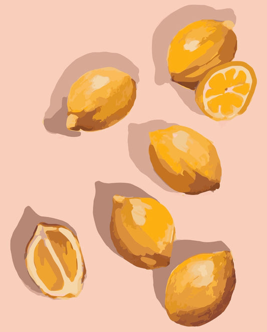 artwork of lemons on a soft pink background