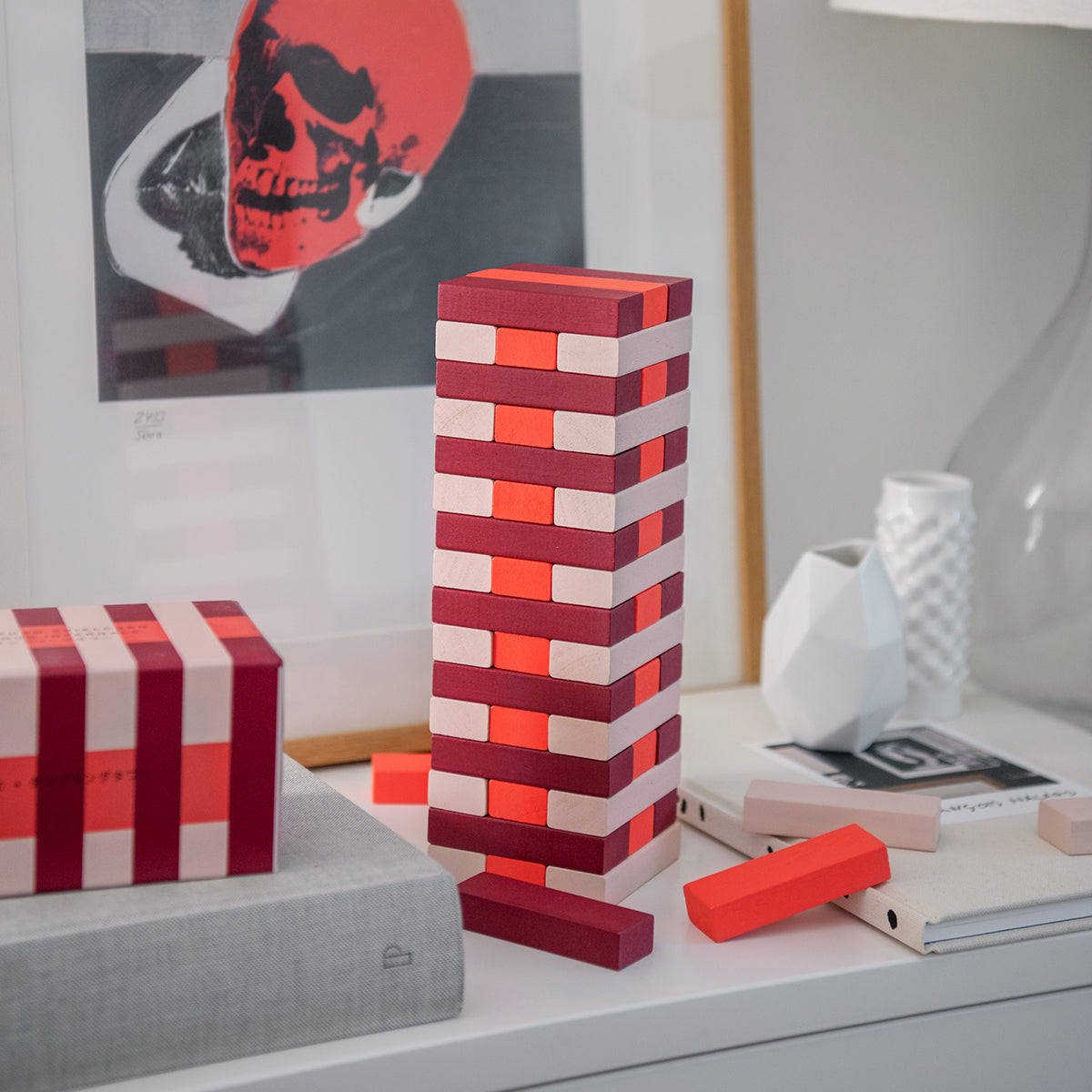 lifestyle shot of jenga tower sitting on table