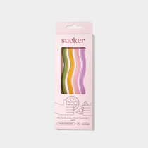 Pack of multi-colored wavy reusable glass straws in eco-friendly packaging for hot and cold drinks