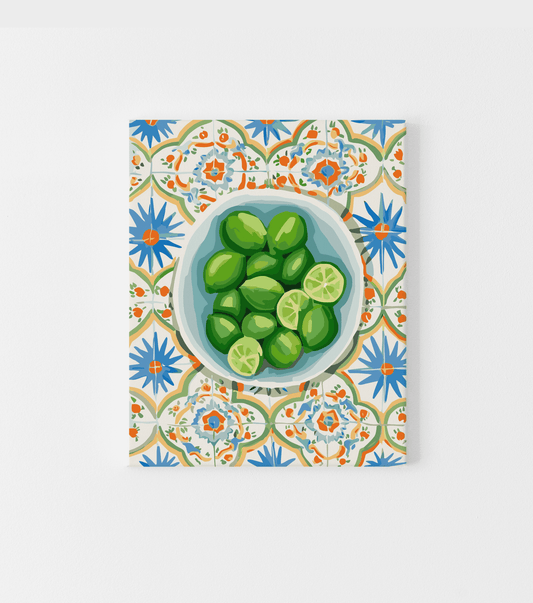 wall art of a bowl of limes on Italian inspired table tiles