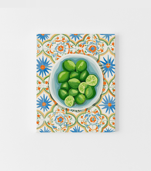 wall art of a bowl of limes on Italian inspired table tiles