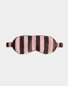 Silk eyemask with pink and brown rocky road stripes, cushioned and elasticated for comfortable blackout sleep.