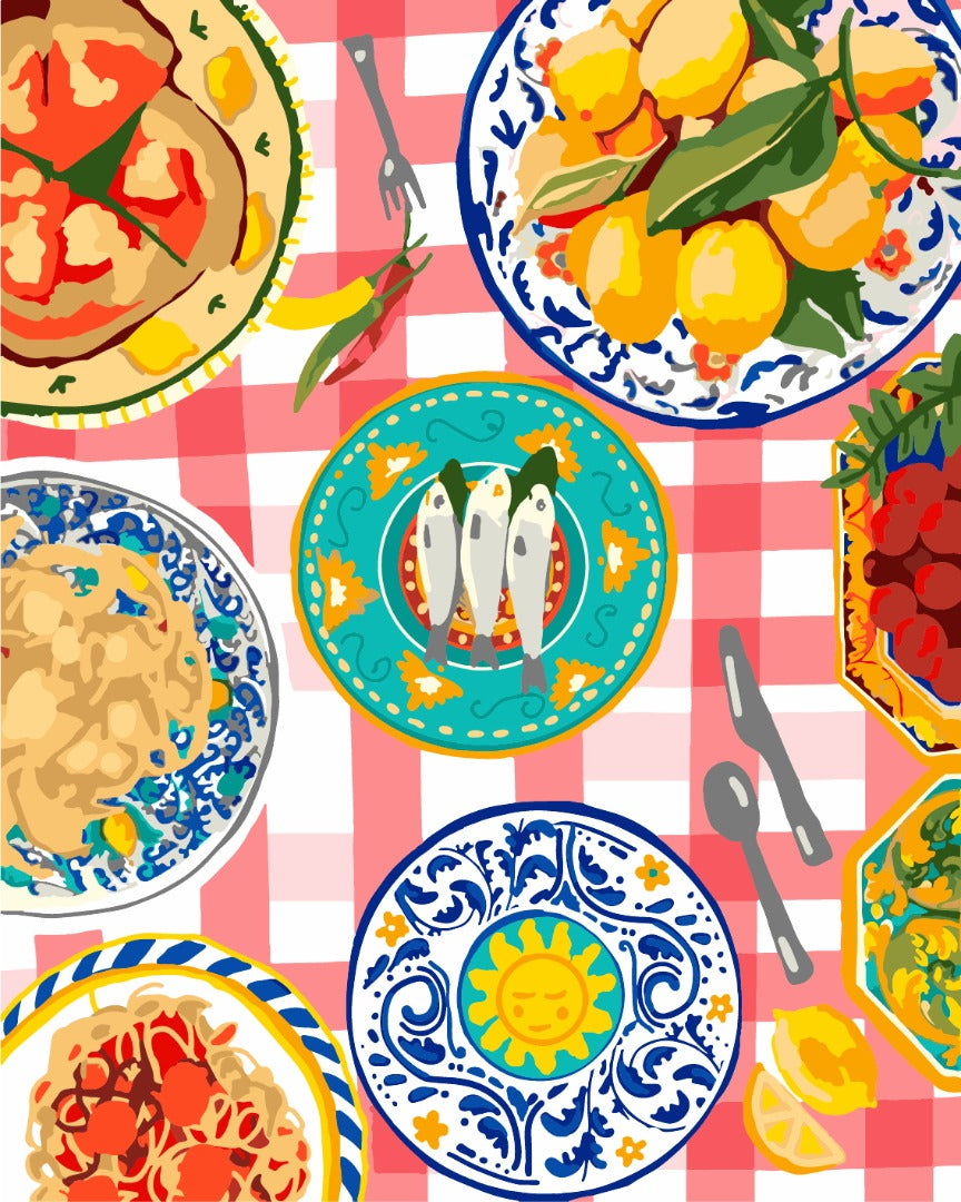 artwork of a table with a lot of food on it