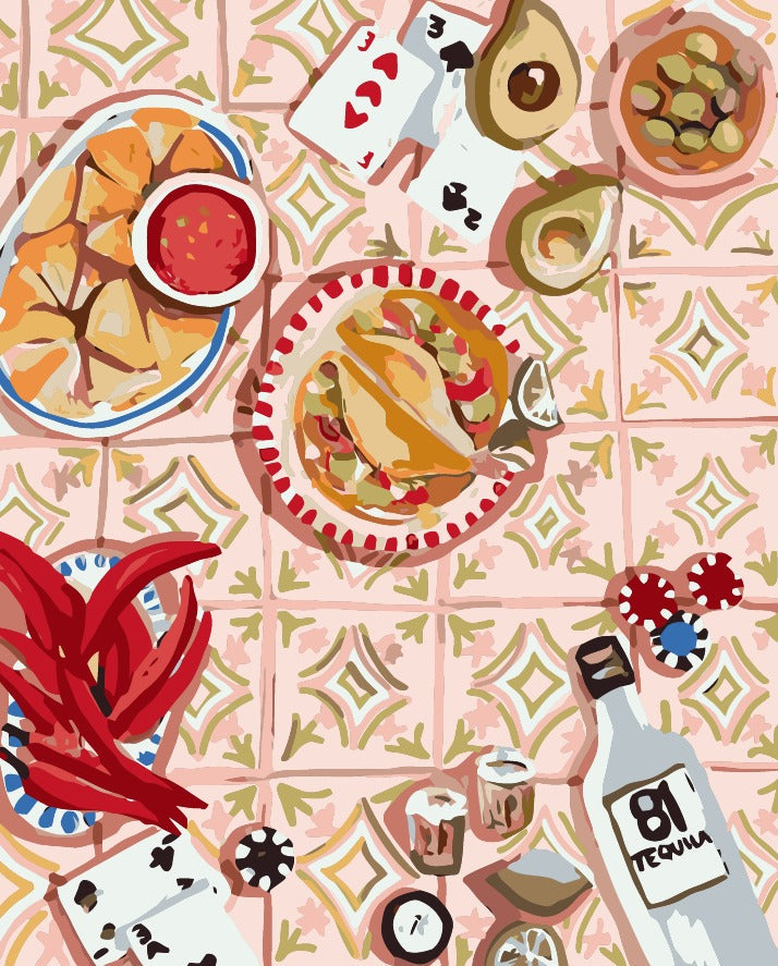 artwork of a table with Mexican items on it 