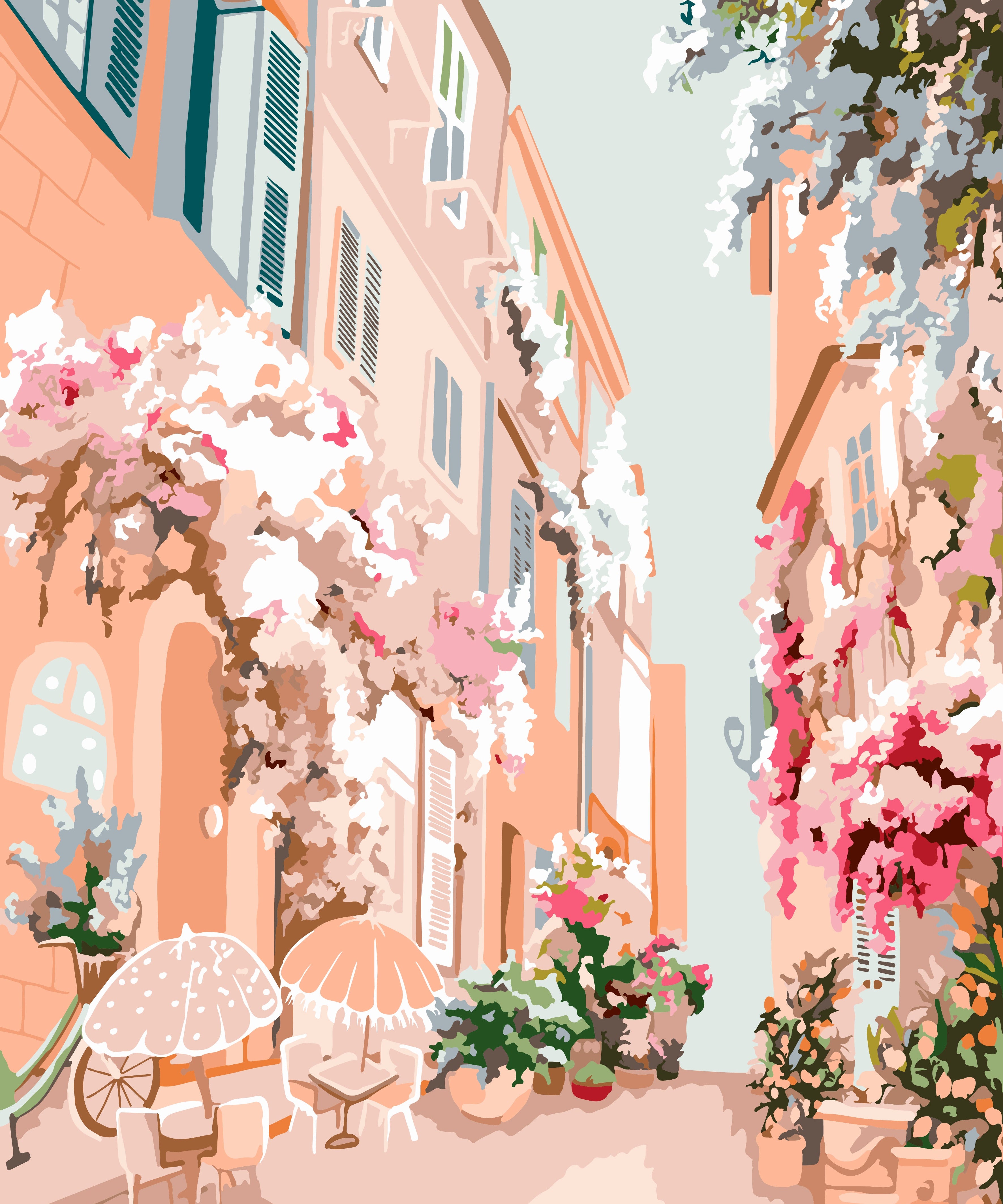 artwork of a Parisian street filled with flowers