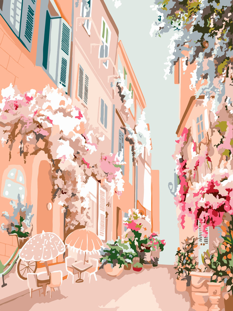 artwork of a Parisian street filled with flowers