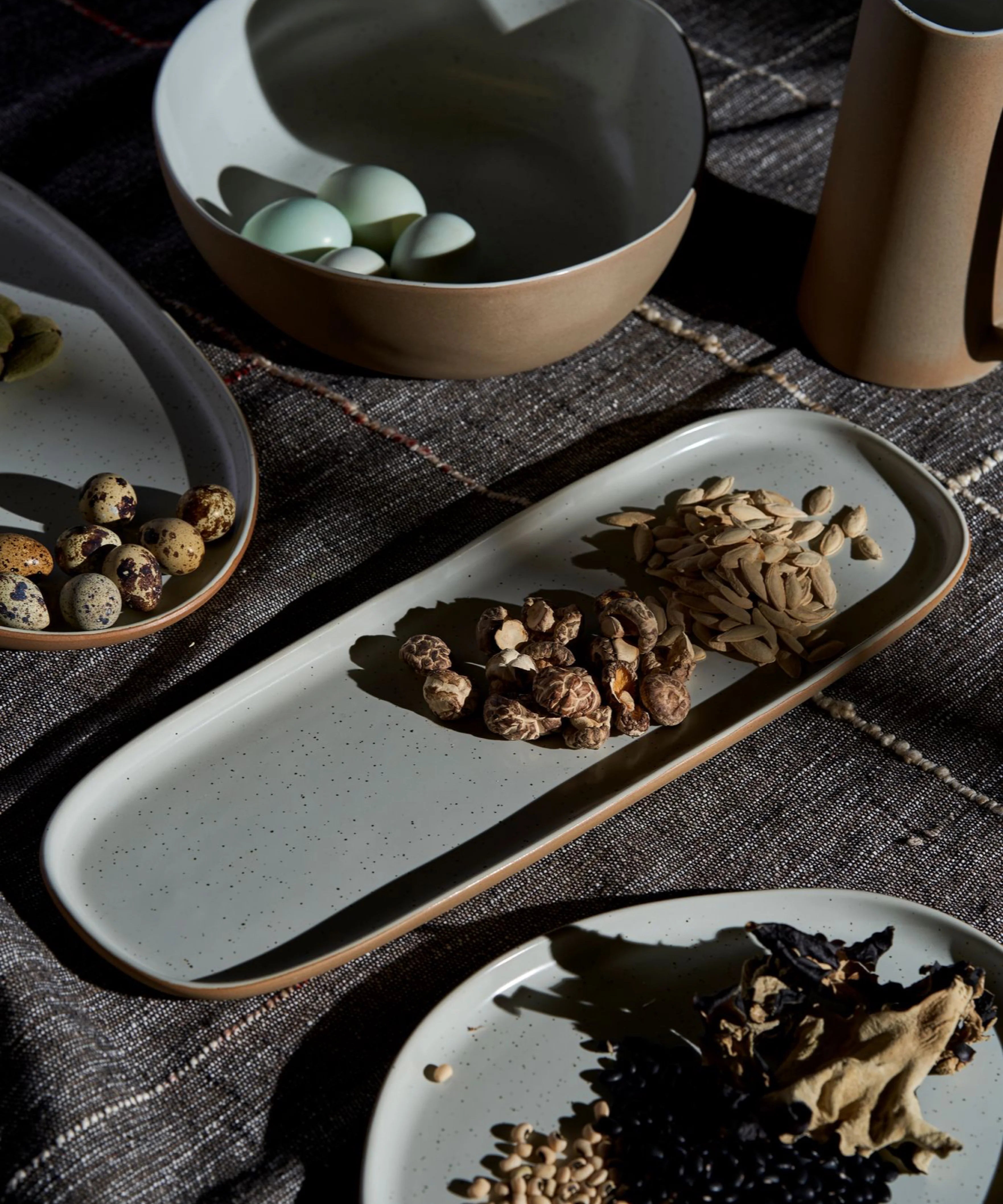 white speckled platter on table 