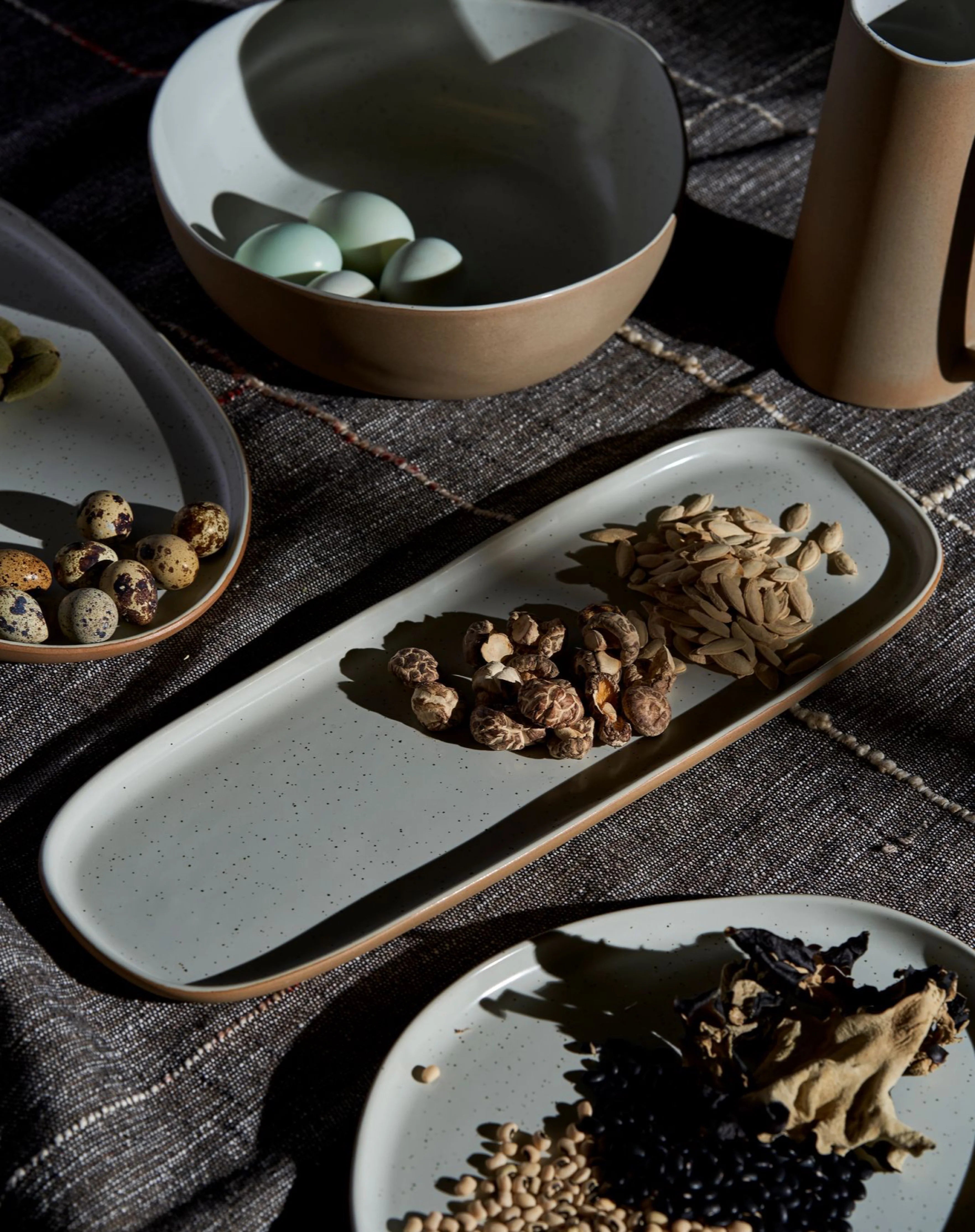 white speckled platter on table 