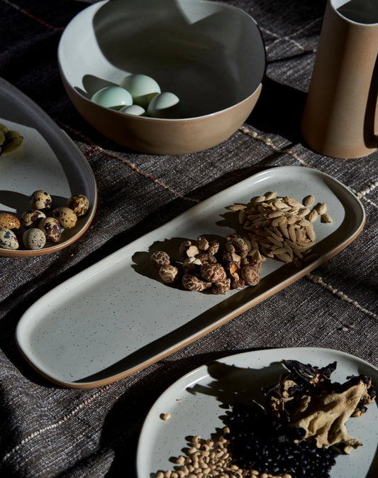 white speckled platter on table 